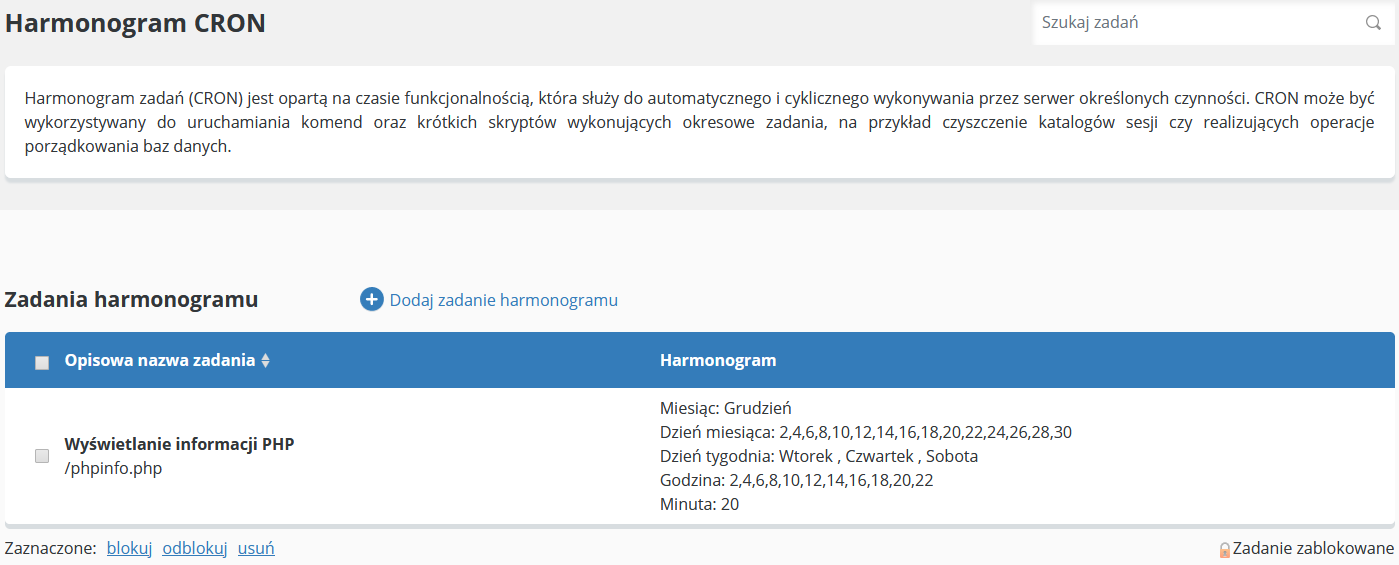 CloudHosting Panel ustawienia cron wykaz