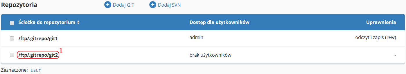 CloudHosting Panel ustawienia uprawnienia git i svn wykaz kliknij git