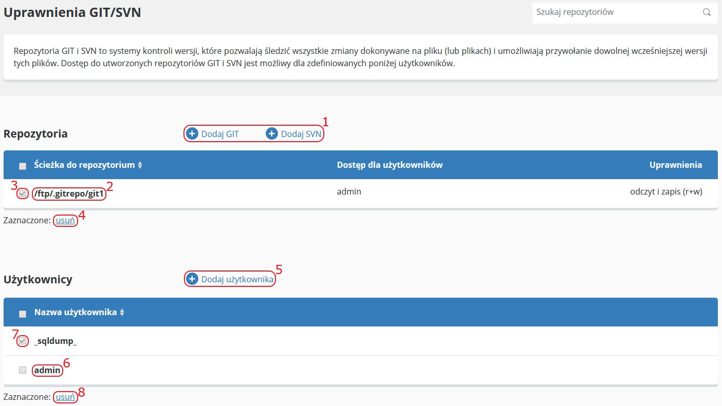 CloudHosting Panel ustawienia uprawnienia git i svn wykaz