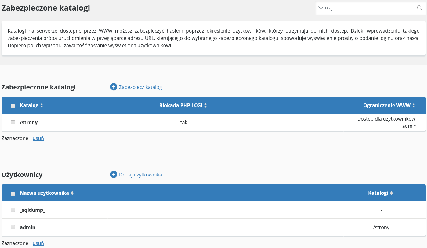 CloudHosting Panel www i ftp zabezpieczone katalogi wykaz