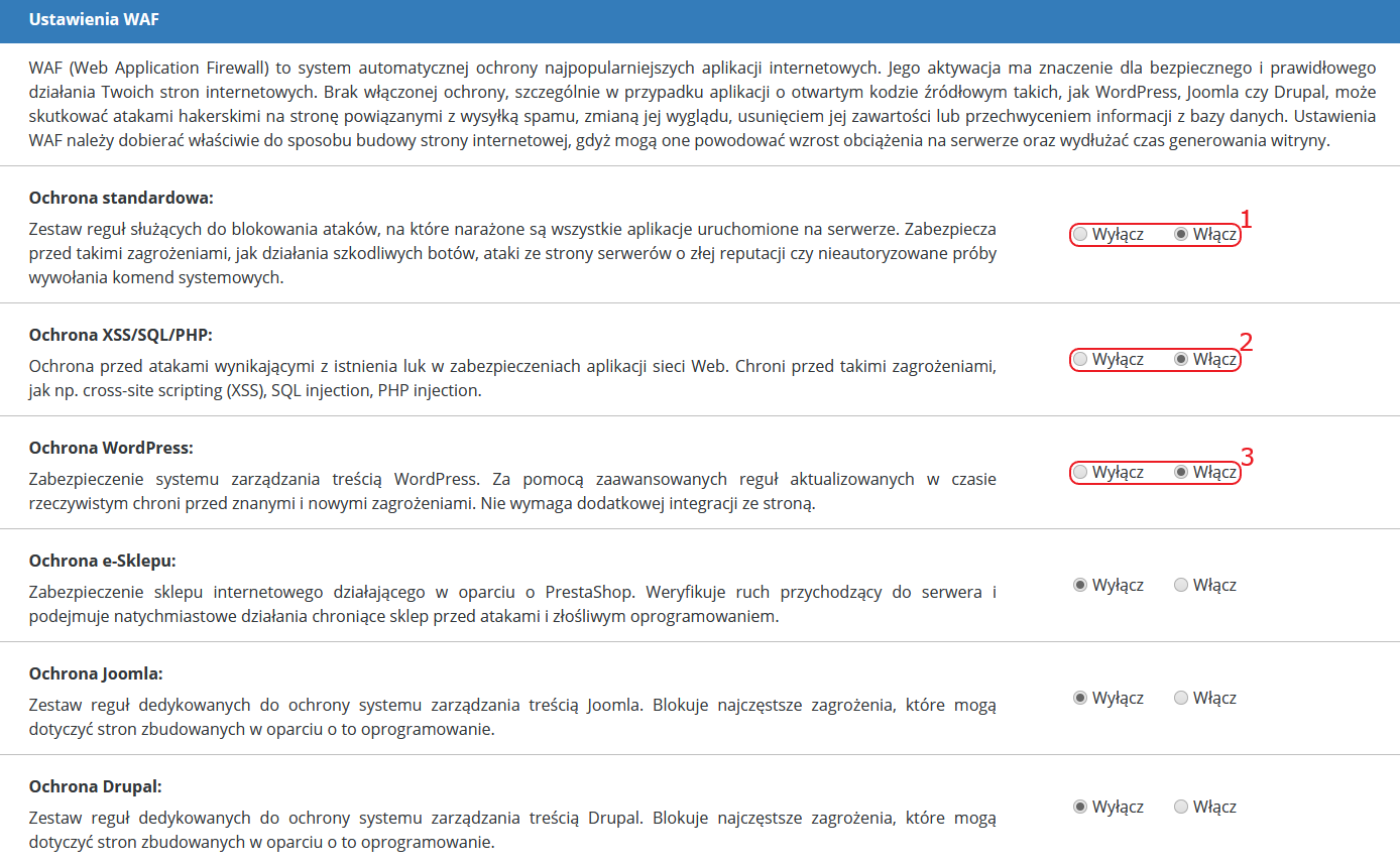 CloudHosting Panel ustawienia WAF