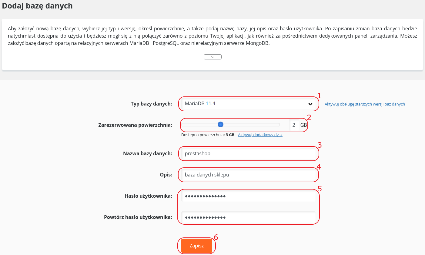 CloudHosting Panel bazy danych mariadb dodaj nowe baze