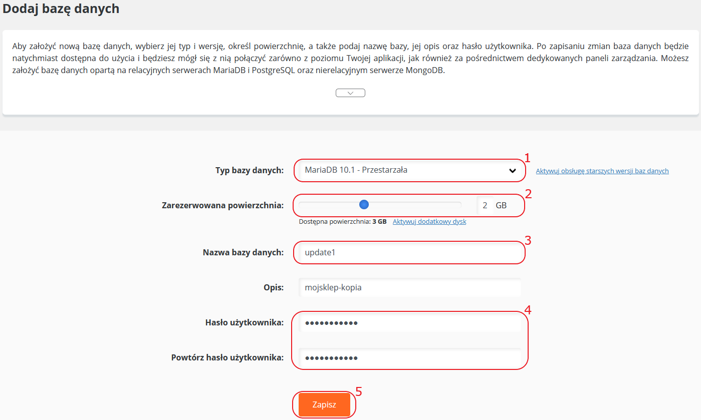 CloudHosting Panel bazy danych dodaj starsza baze danych