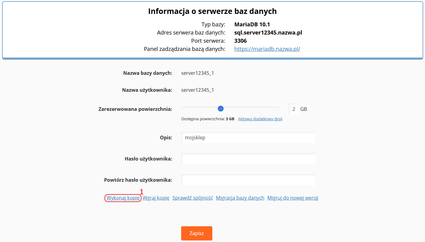 CloudHosting Panel bazy danych wykonaj kopie starszej bazy