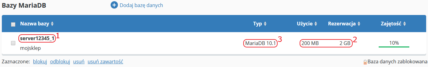 CloudHosting Panel bazy danych wykaz baz starsza baza