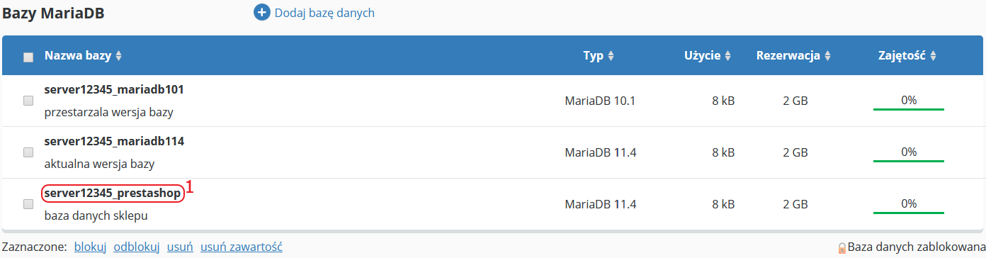 CloudHosting Panel bazy danych wykaz mariadb nowa baza kliknij