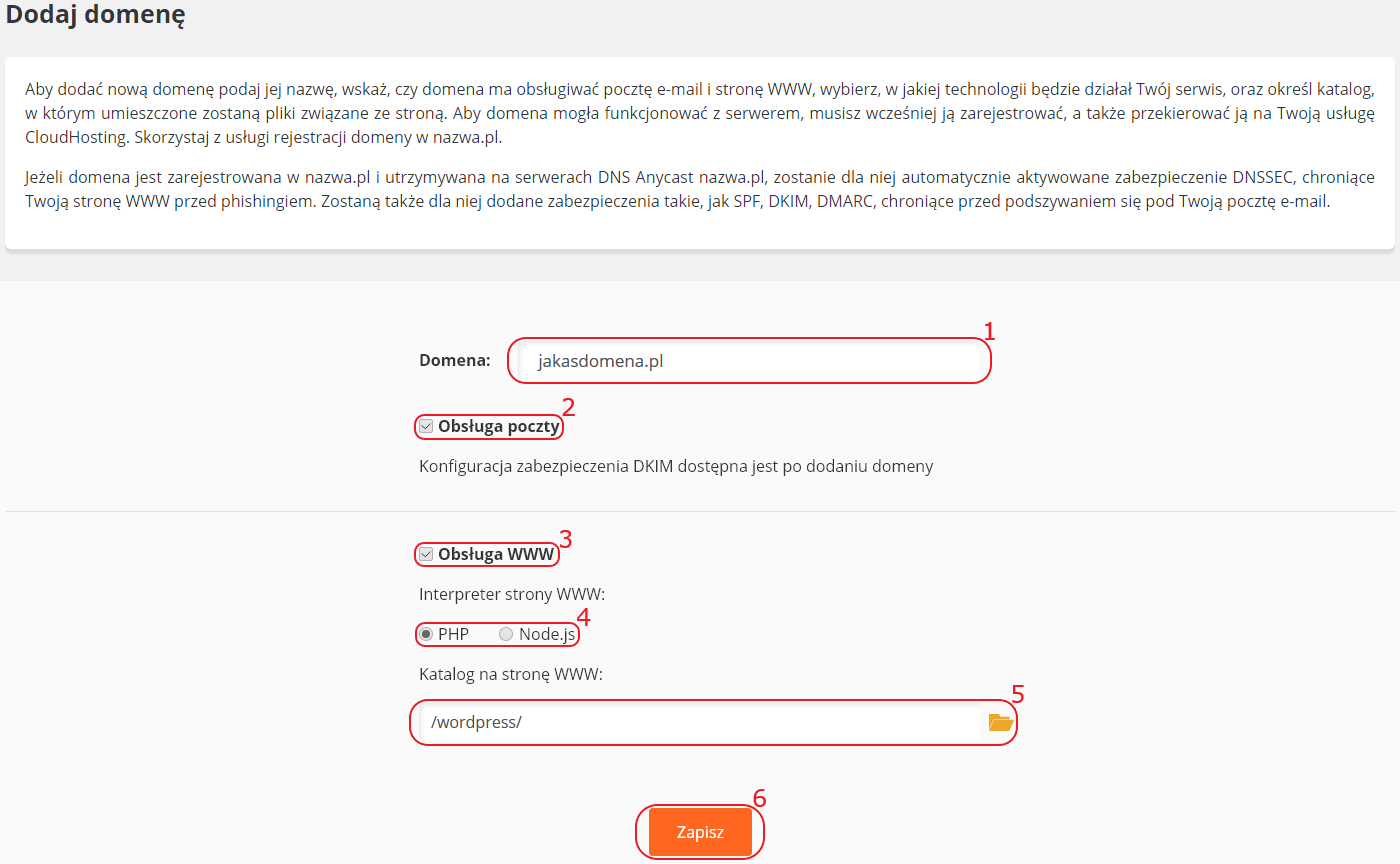 CloudHosting Panel domeny dodaj domene cloudhosting wordpress