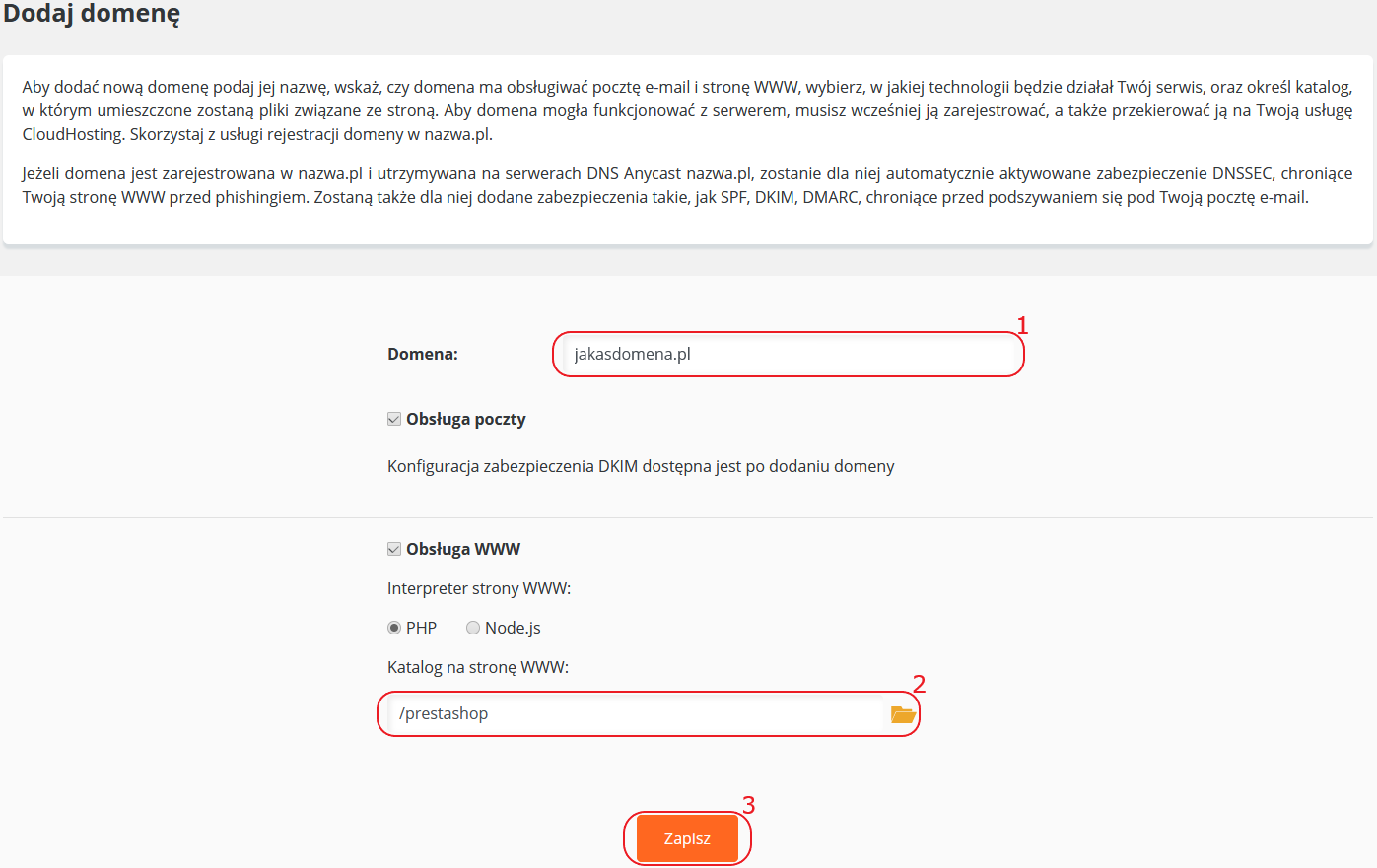 CloudHosting Panel domeny dodaj nowa domene presta