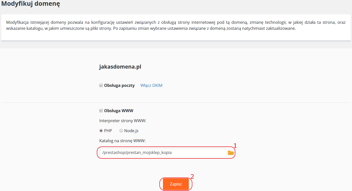 CloudHosting Panel domeny modyfikuj katalog e-sklep nowy