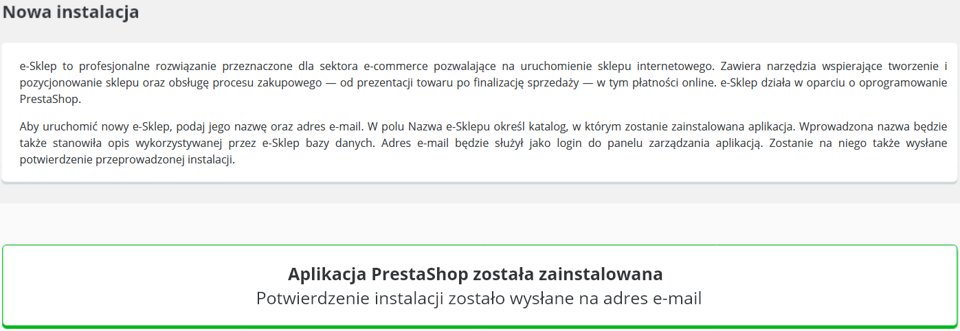 CloudHosting Panel esklep nowa instalacja potwierdzenie