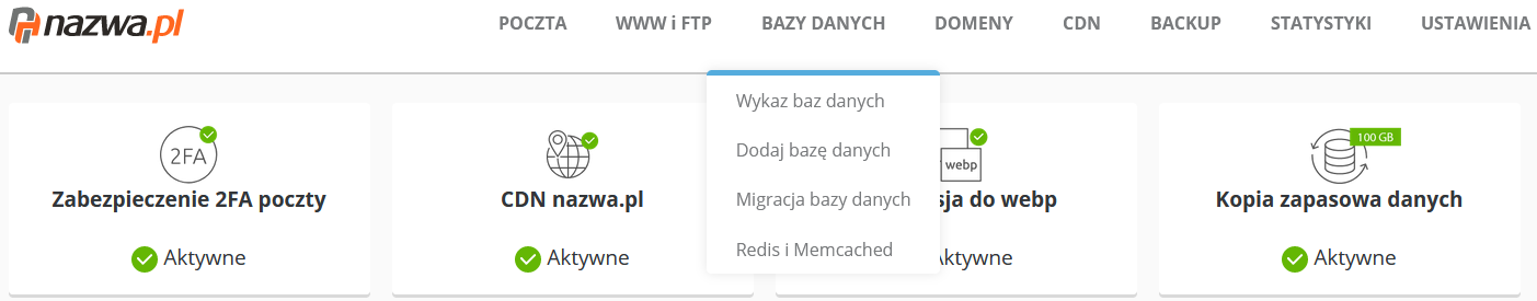 CloudHosting Panel menu bazy danych