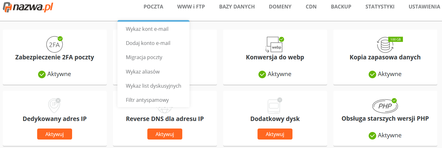 CloudHosting Panel menu poczta