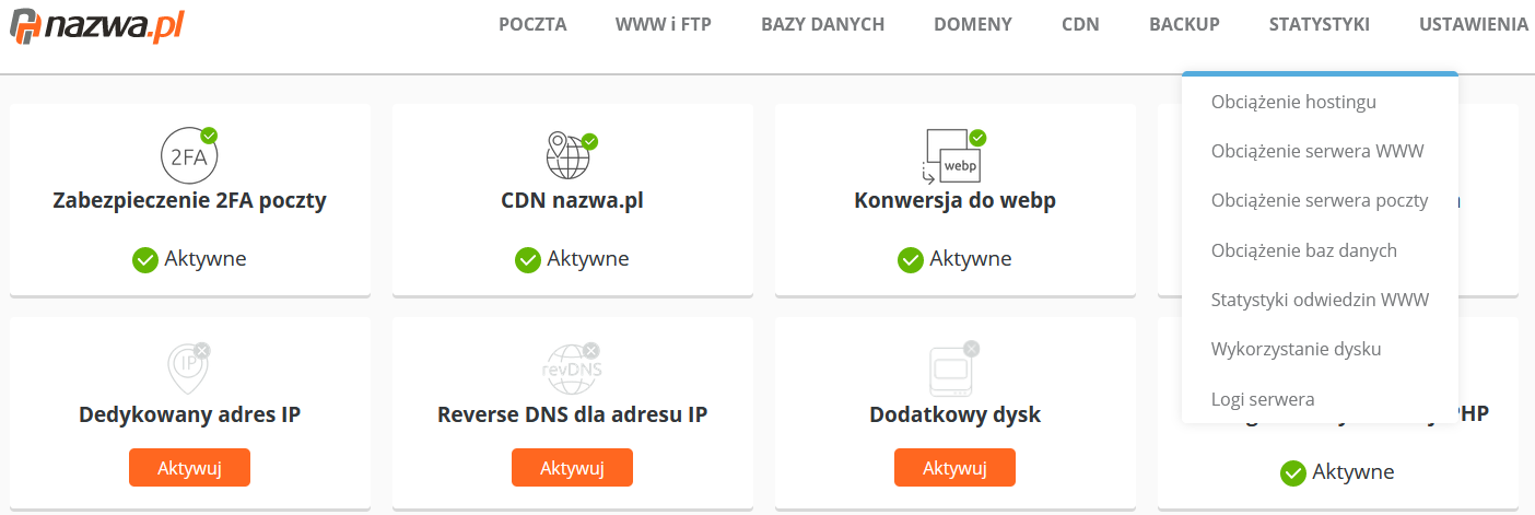 CloudHosting Panel menu statystyki