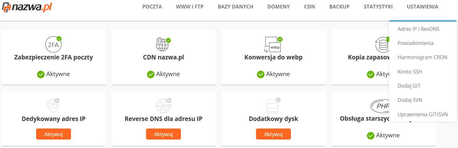 CloudHosting Panel menu ustawienia