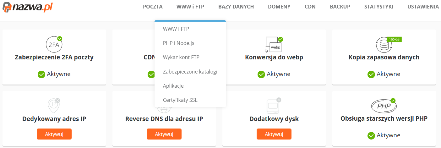 CloudHosting Panel menu www i ftp