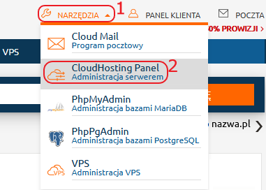 Panel Klienta menu gorne narzedzia CloudHosting Panel
