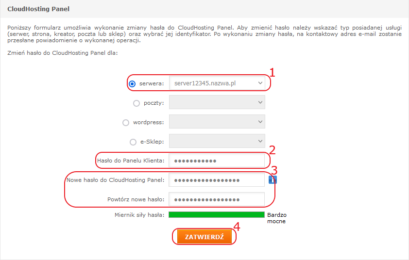 CloudHosting Panel pk zmiana hasel chp serwer