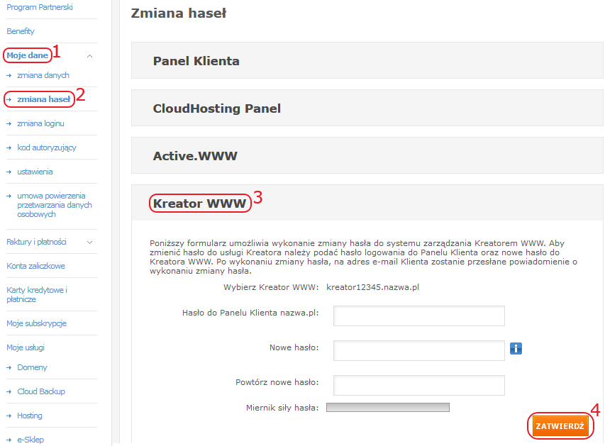 CloudHosting Panel pk zmiana hasel kreator