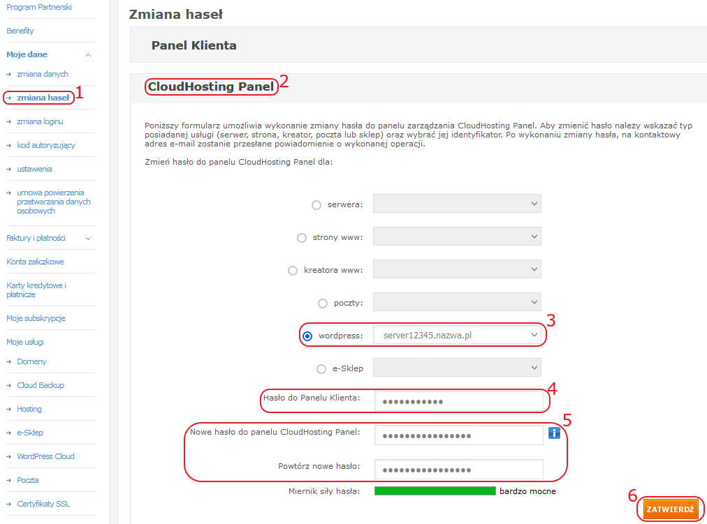 CloudHosting Panel pk zmiana hasel wordpress