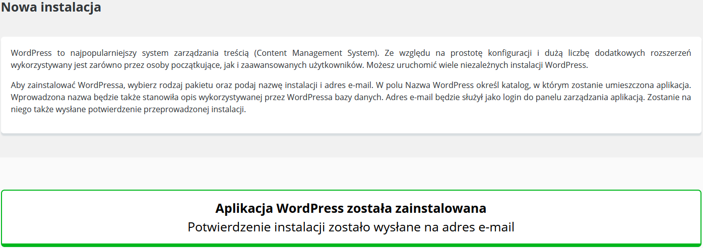 CloudHosting Panel wordpress nowa instalacja potwierdzenie
