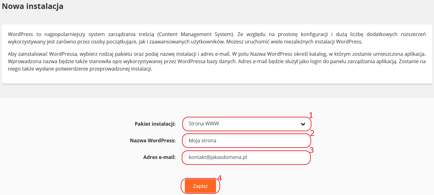 CloudHosting Panel wordpress nowa instalacja