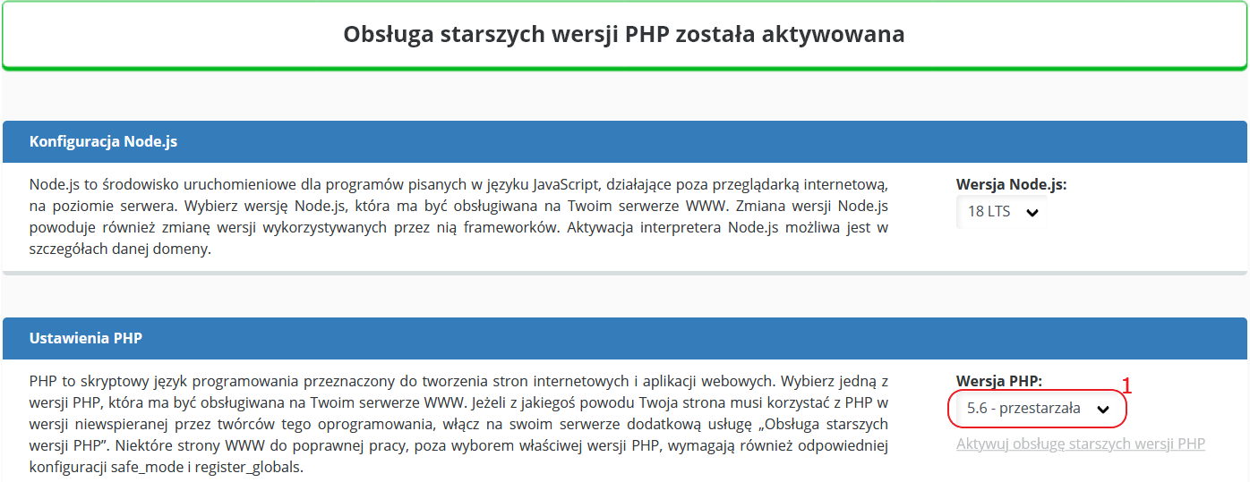 CloudHosting Panel www i ftp aktywacja starszej wersji php potwierdzenie