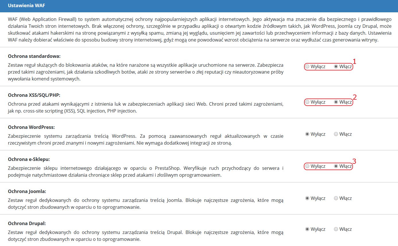 CloudHosting Panel esklep ustawienia waf presta