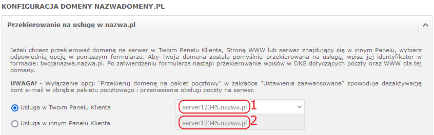 domeny konfiguracja przekierowanie na usluge
