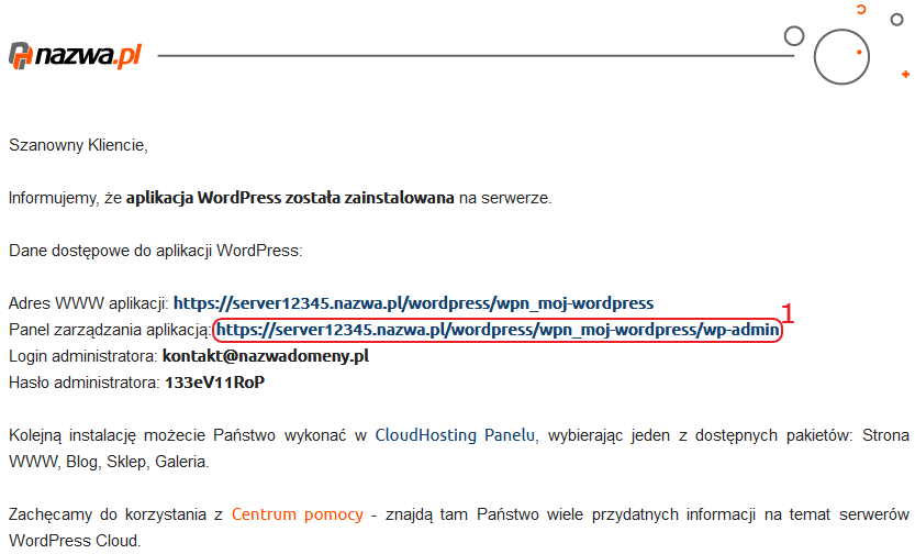 CloudHosting Panel wordpress wiadomosc e-mail link logowania