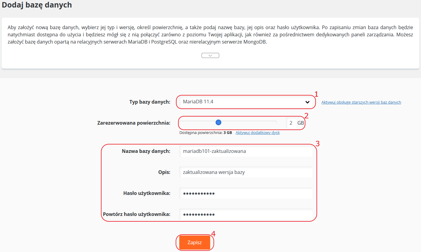 CloudHosting Panel bazy danych dodaj baze aktualna