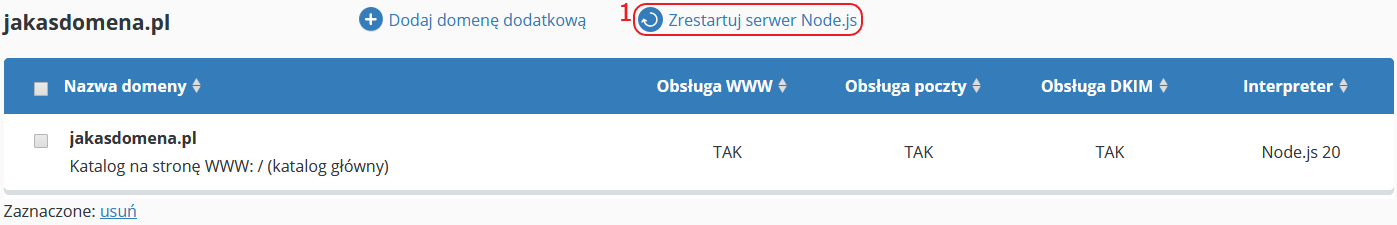 CloudHosting Panel domeny wykaz zrestartuj nodejs