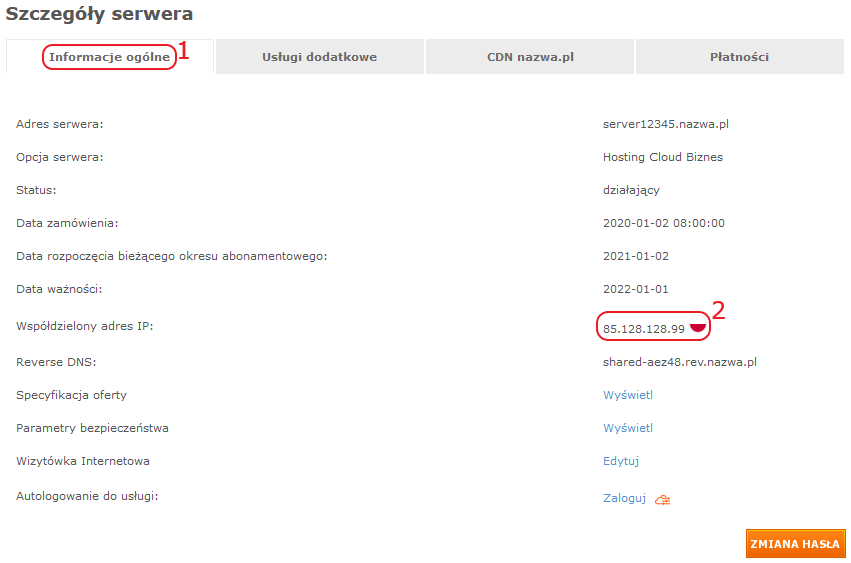 CloudHosting Panel pk szczegoly serwera adres IP