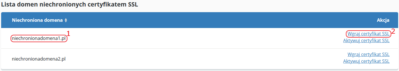 CloudHosting Panel certyfikaty ssl wykaz niechronione wgraj