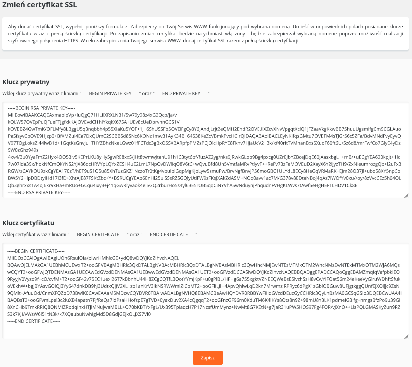 CloudHosting Panel certyfikat ssl zmien certyfikat formularz