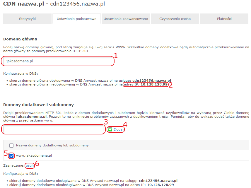 cdn nazwa.pl ustawienia podstawowe domeny