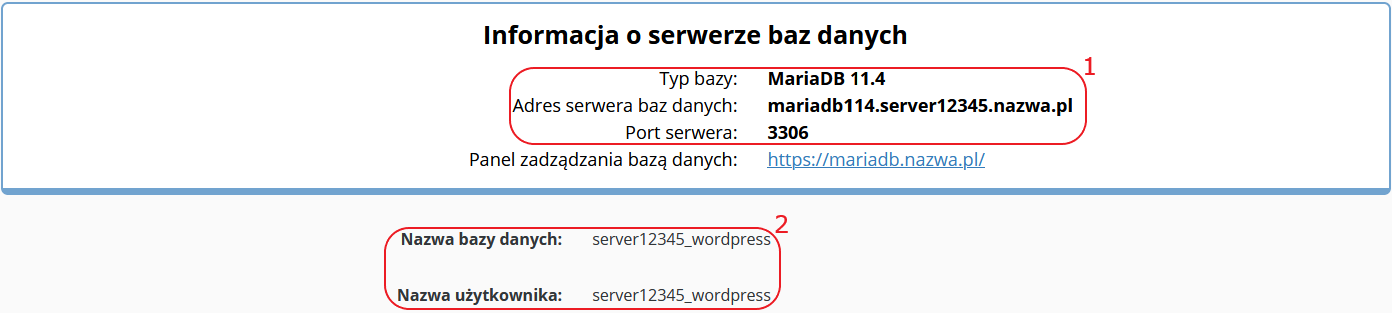 CloudHosting Panel informacje o bazie danych wp