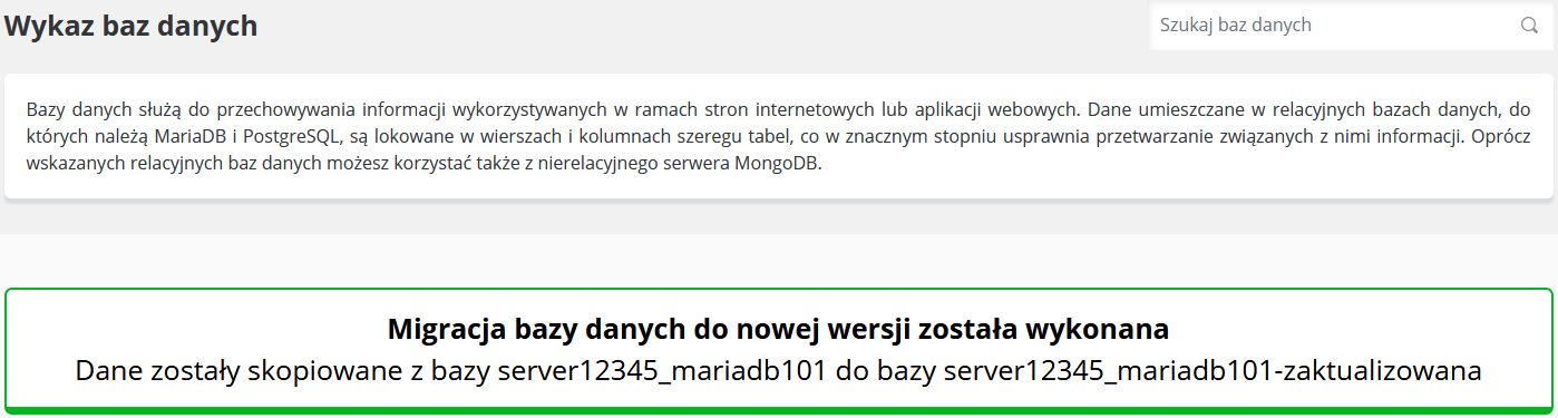 CloudHosting Panel migracja bazy danych potwierdzenie wykonania