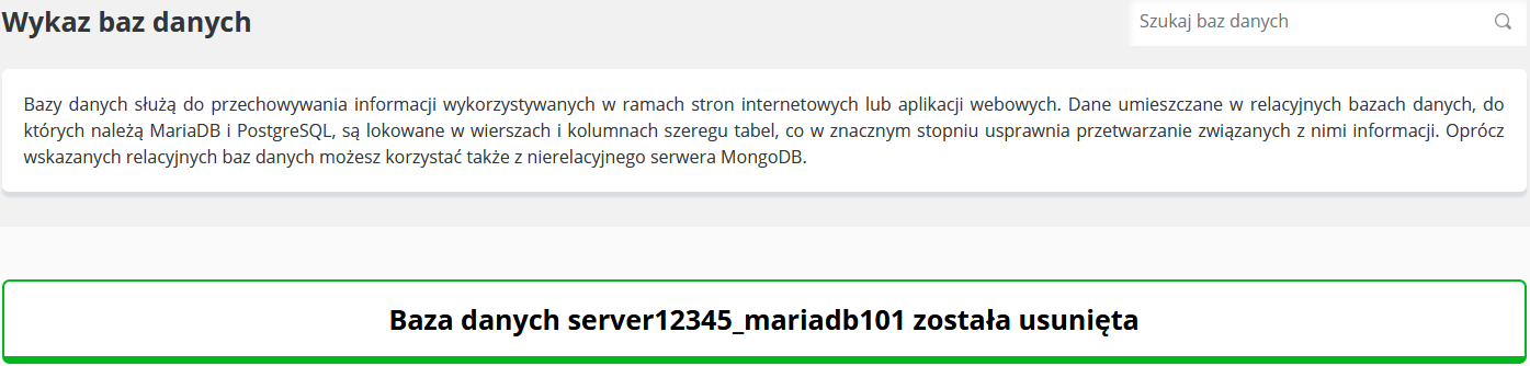 CloudHosting Panel potwierdzenie usuniecia bazy danych