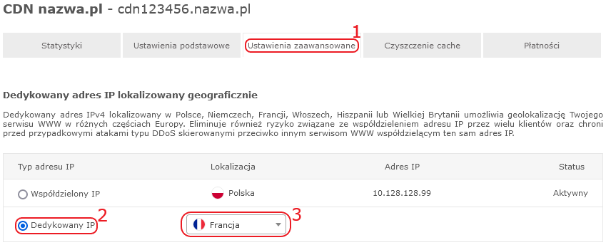 cdn nazwa.pl ustawienia zaawansowane dedykowany ip