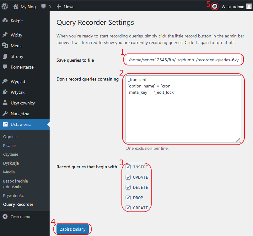 wordpress wtyczki query recorder ustawienia formularz