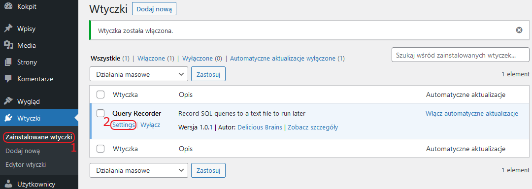 wordpress wtyczka query recorder ustawienia