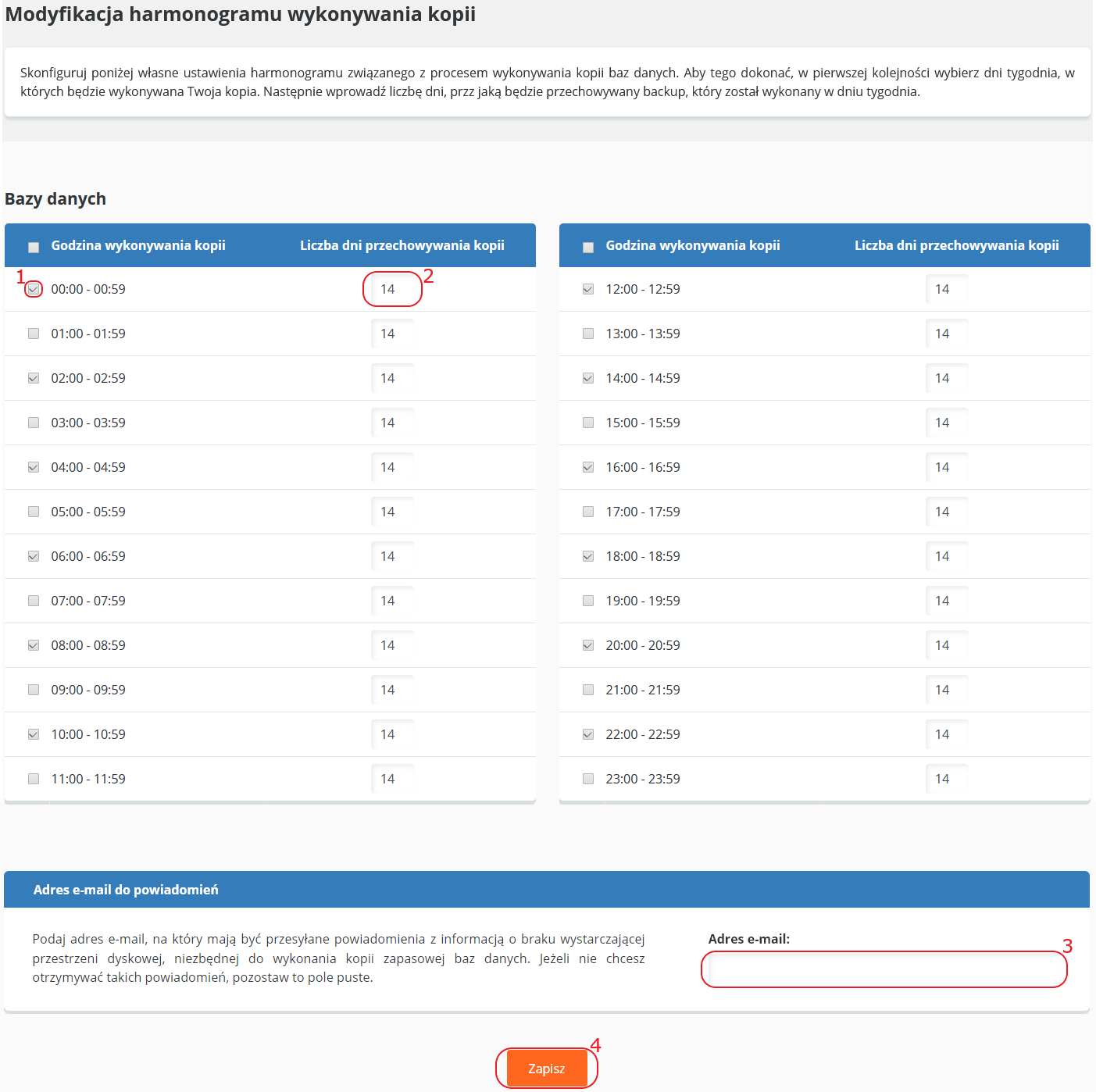 backup harmonogram modyfikacja baz danych