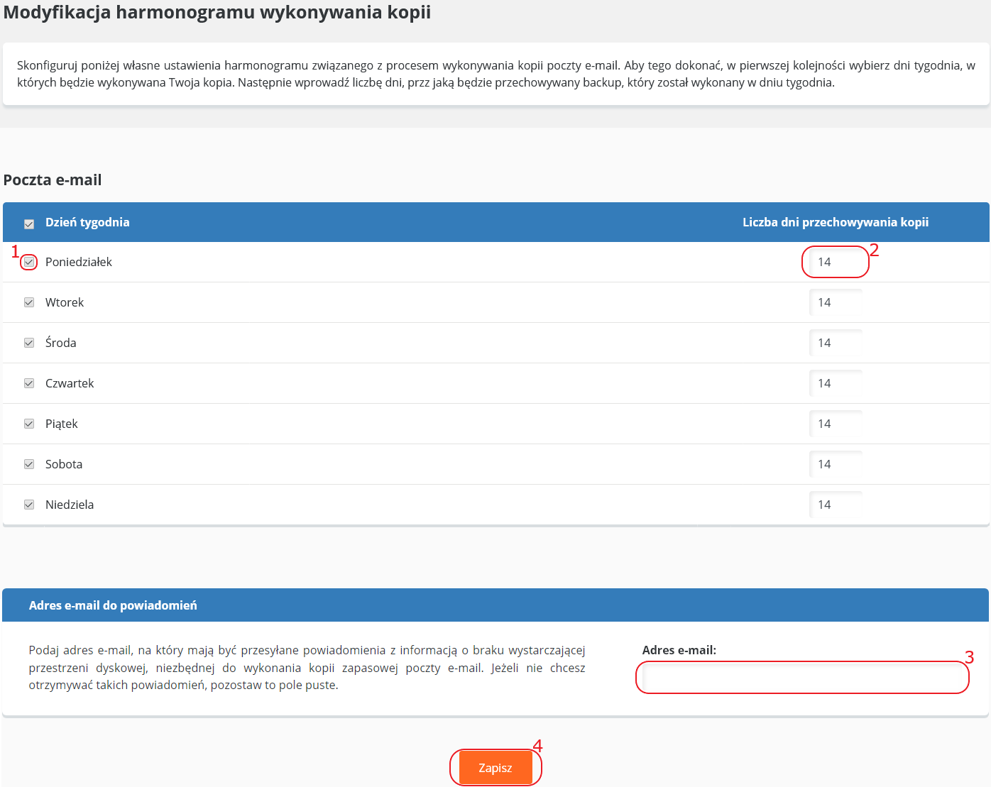 backup harmonogram modyfikacja poczta e-mail