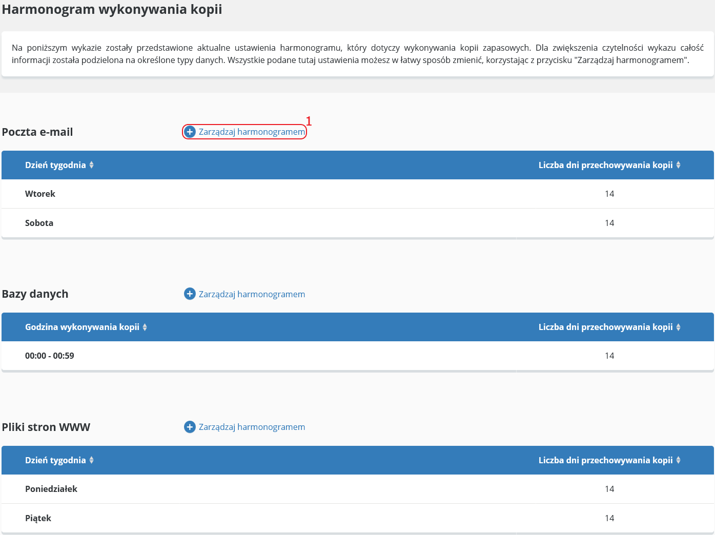 backup harmonogram zarzadzaj zaznaczone