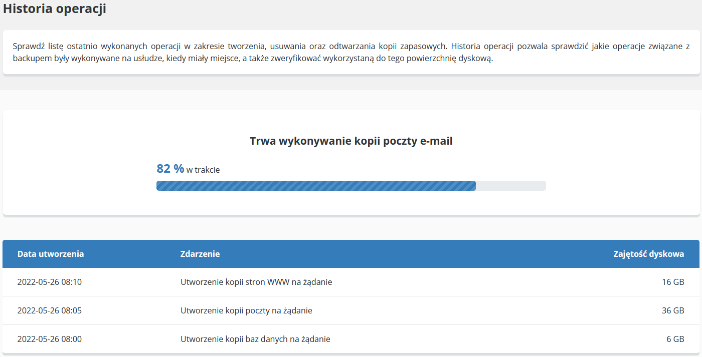 backup historia operacji trwa wykonywanie kopii