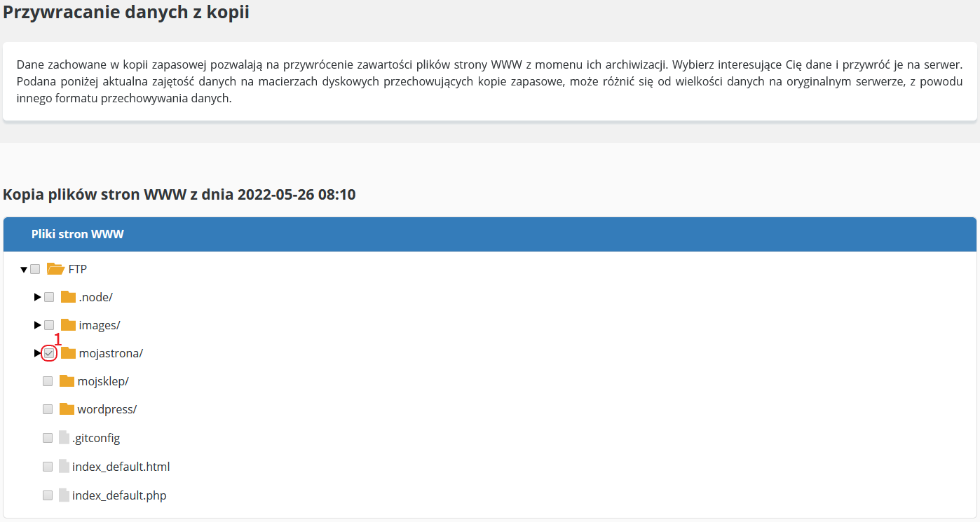 backup przywracanie danych pliki www krok 1
