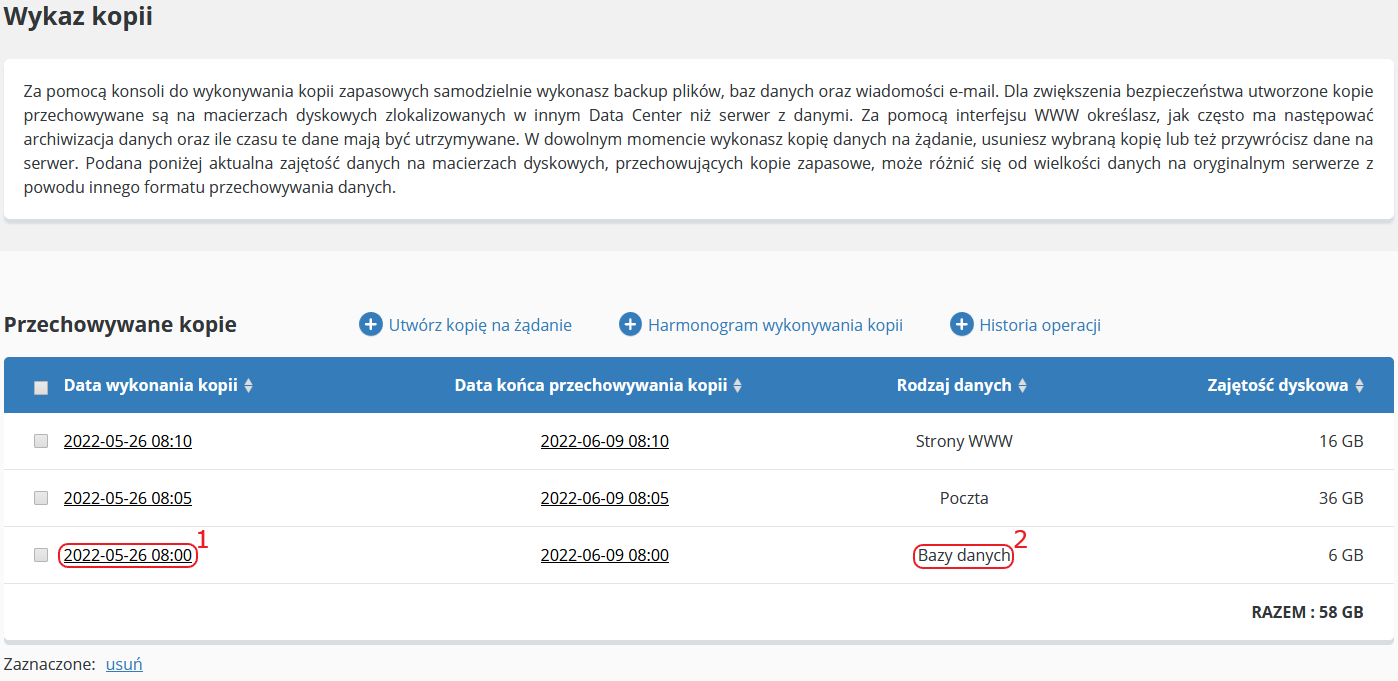 backup wykaz kopii kliknij baza danych