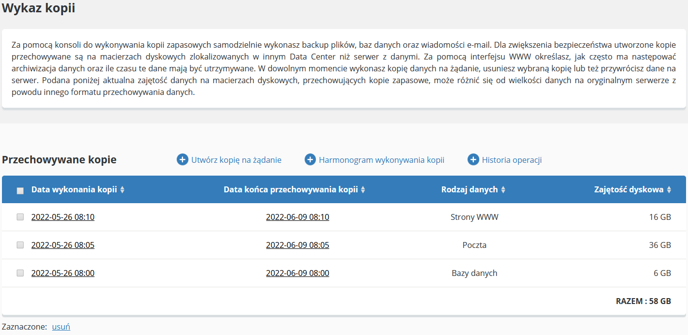 backup wykaz kopii ogolny bez zaznaczen