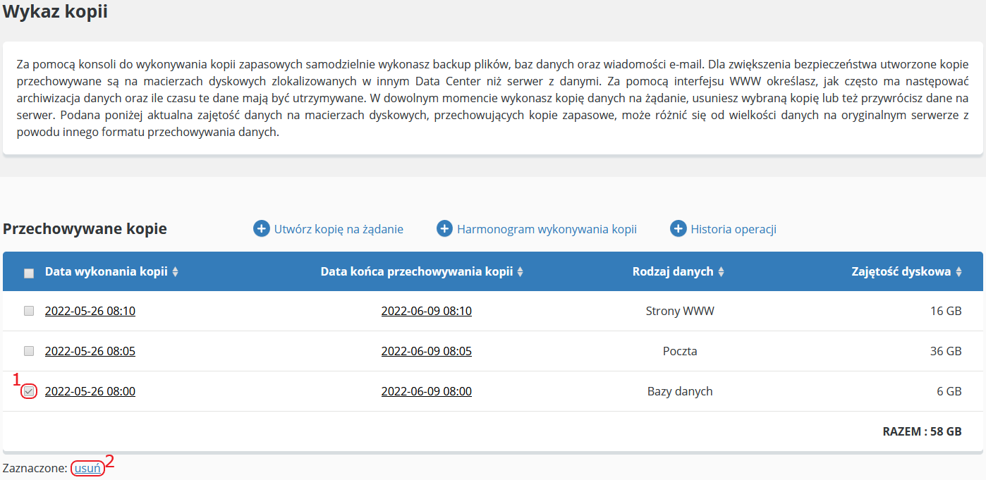 backup wykaz kopii usun