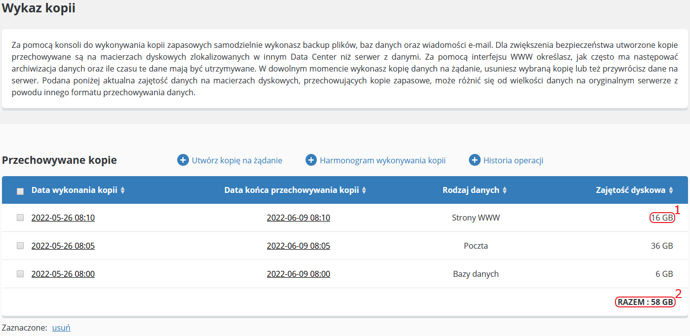 backup wykaz kopii zajetosc dyskowa